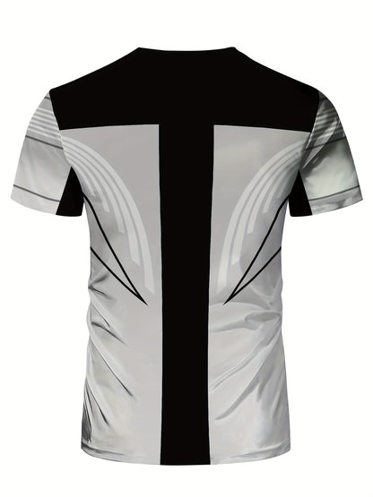 Men'S Slim Fit Breathable T-Shirt with Intricate Black  White Geometric Print - Moisture-Wicking Polyester-Spandex Blend, Machine Washable, Round Neck Short Sleeve for Summer Casual Wear, Gym, Hiking  Outdoor Activities