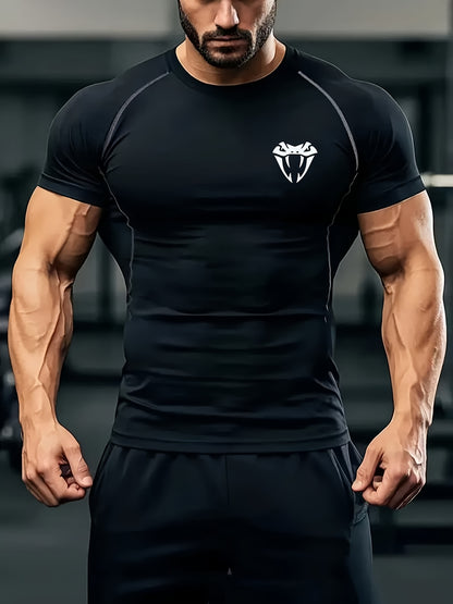 Men'S Quick-Dry Athletic Compression T-Shirt with Serpent Head Logo - Short Sleeve, High Stretch, Breathable Fabric for Running  Workout, Blue