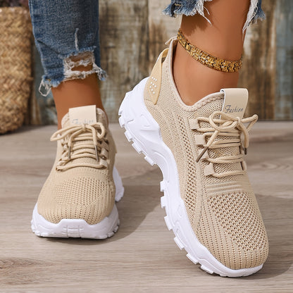 Women's Lightweight Lace-Up Fly-Woven Sneakers for Outdoor Running