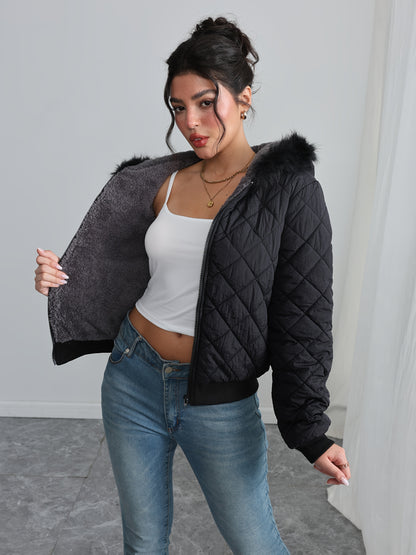 Women'S Cozy Fleece-Lined Hooded Jacket - Casual Long Sleeve, Solid Color, Regular Fit, Long Sleeve, Zip-Up, Casual Style, Casual Outerwear, Winter Jacket