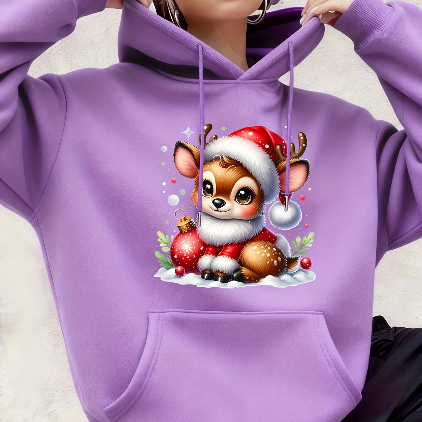 Women's Hooded Sweatshirt, Christmas Fashion Loose Elegant Long Sleeve Drawstring Hoodie, Atmospheric Print Red/Dark Green/Tender Pink/Violet Hooded Sweatshirt, Holiday Gift, Women's Clothing