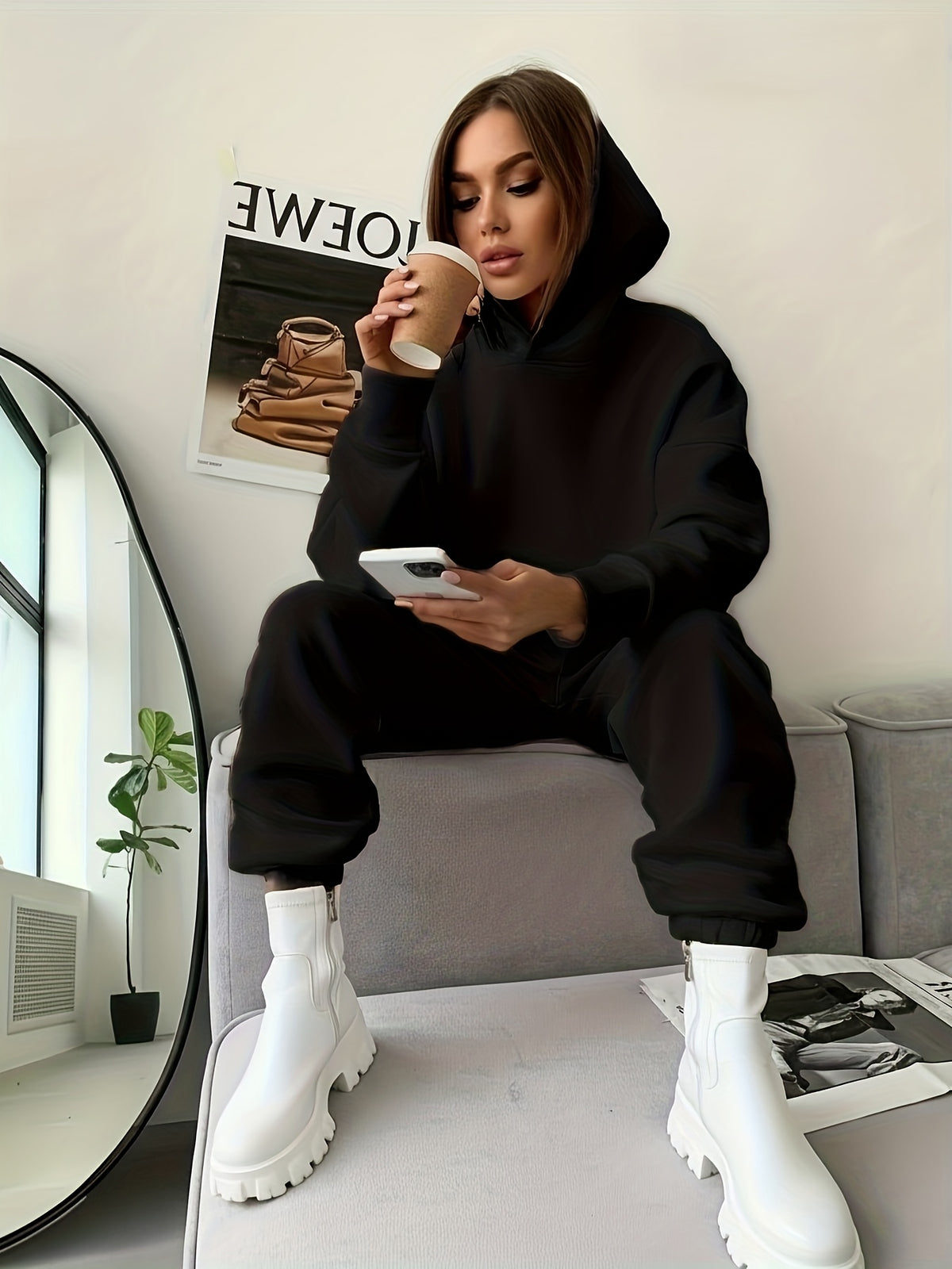 Women's Hooded Fleece-Lined Polyester Pant Set for Fall/Winter - ayq