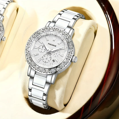 Women's Casual Quartz Watch with Rhinestone Case & Steel Strap