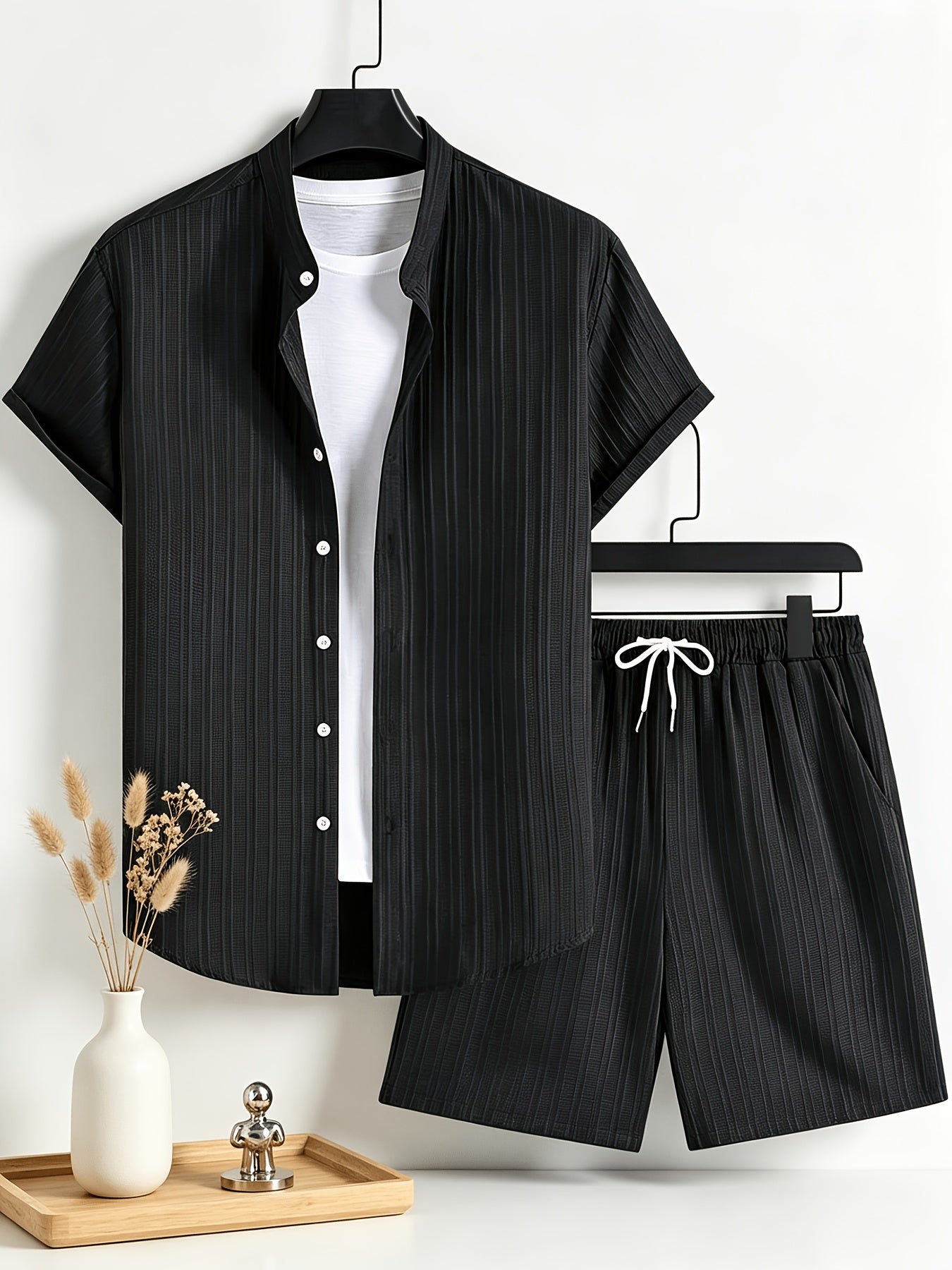 Men's Casual Short Sleeve Shirt and Drawstring Shorts Set