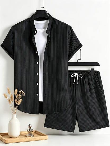 Men's Casual Short Sleeve Shirt and Drawstring Shorts Set