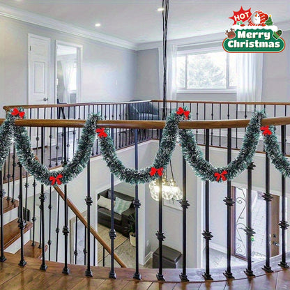 Extra Long 78.74in/200cm Garland - Heavy-Duty PET (Polyethylene Terephthalate) Christmas Garland with Elegant Deep Green, Red Bows & Black Beads - Indoor/Outdoor Hanging Decoration for Stairs, Banisters, Doors, Walls - Weddin