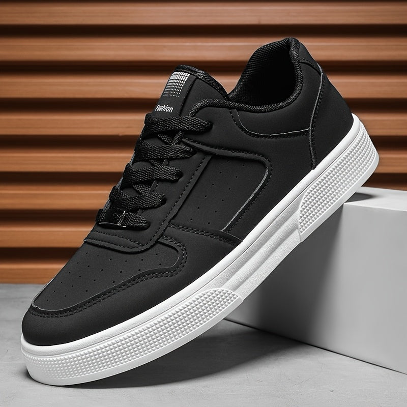Men'S Breathable Skateboarding Shoes | Low-Top Casual sneakers, Black and White, PU Upper, Lace-up Closure, Suitable for All Seasons - ayq