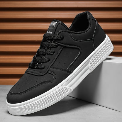 Men'S Breathable Skateboarding Shoes | Low-Top Casual sneakers, Black and White, PU Upper, Lace-up Closure, Suitable for All Seasons - ayq