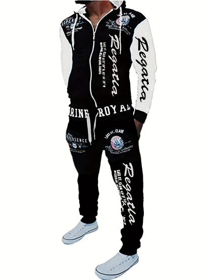 Men's Hooded Letter Print Tracksuit, 2pcs Casual Sports Set, Fashion Hoodie With Full-zip And Elastic-waist Pants, Regular Fit, Outdoor Cloth