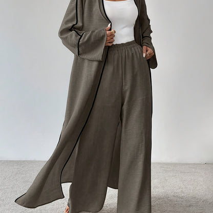 Women'S Elegant Fashion Work Casual Two-Piece Set - Long Sleeve Cardigan with Color Block Detail and Wide-Leg Pants, Loose Fit, All-Season Wear, Stylish Work Attire|Casual Style|Color Block Detail