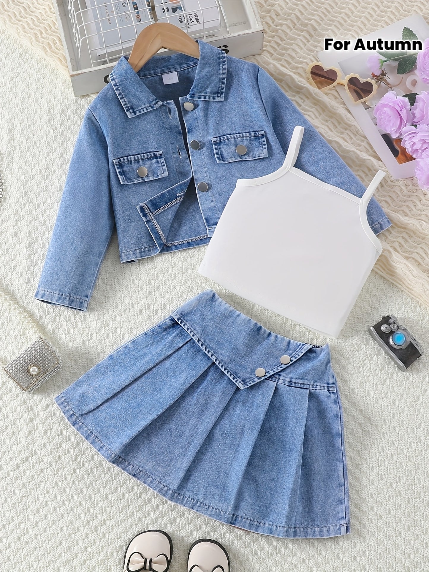 Girls' 3-Piece Denim Jacket, Tank Top & Pleated Skirt Set