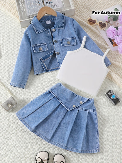 Girls' 3-Piece Denim Jacket, Tank Top & Pleated Skirt Set