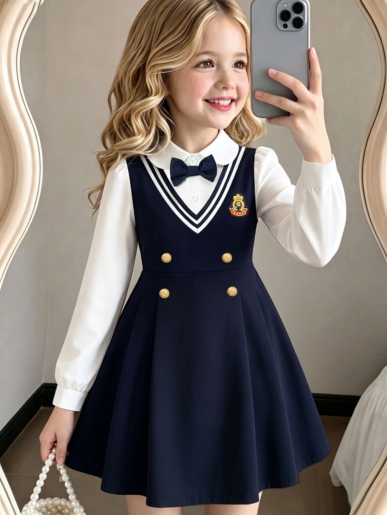 Girls Preppy Knee-Length Dress with Collar and Bow Accents