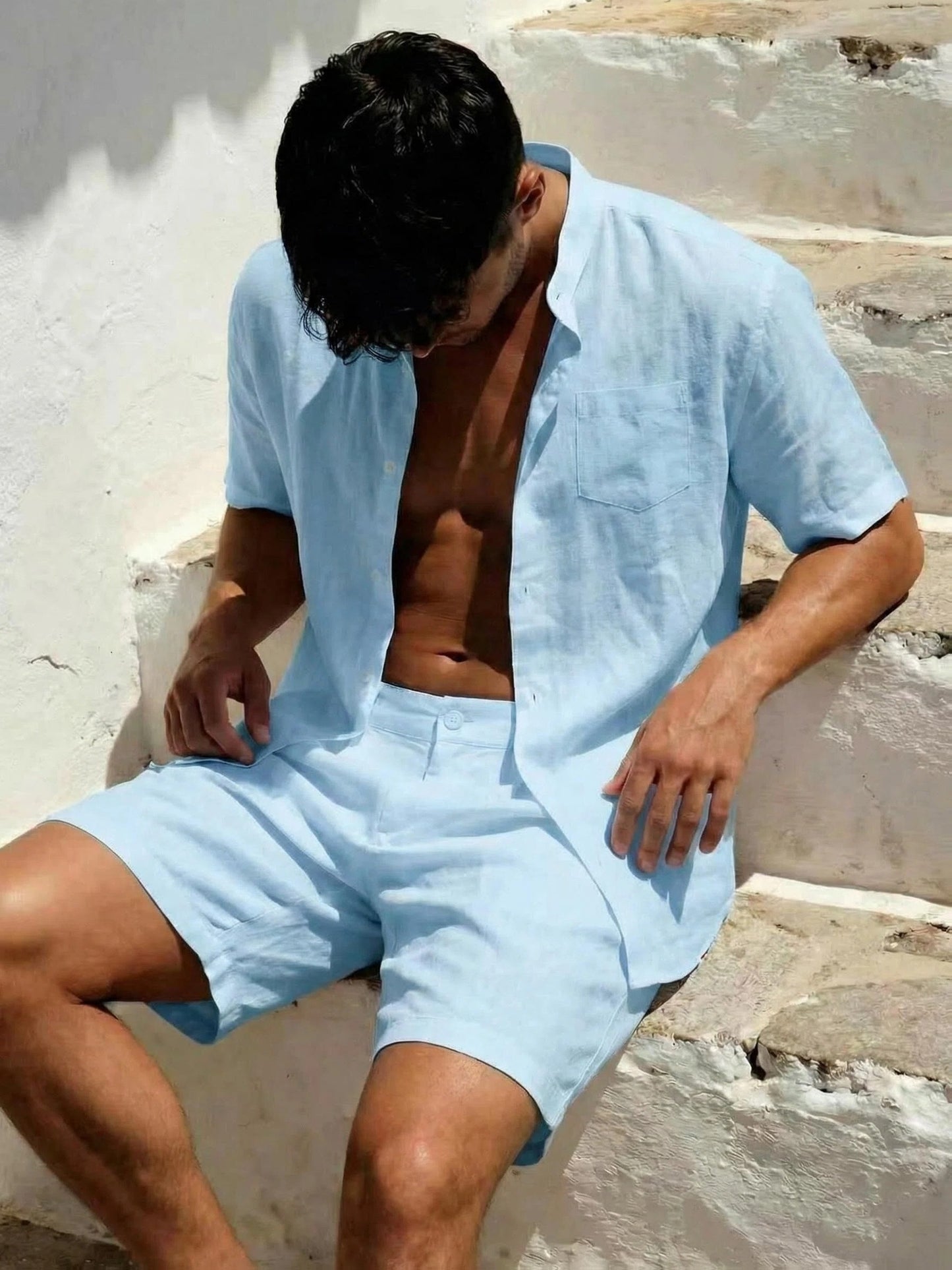 Men's Linen Short-Sleeve Shirt and Shorts Set for Summer Casual