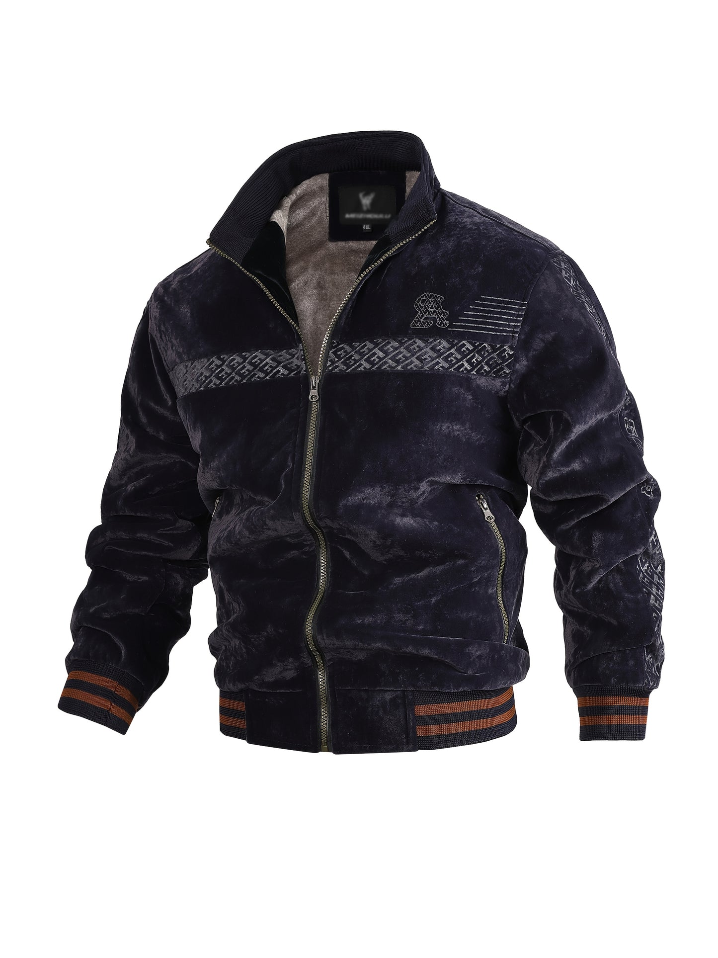 Men's Winter Fleece Jacket with Ribbed Cuffs and Stand Collar
