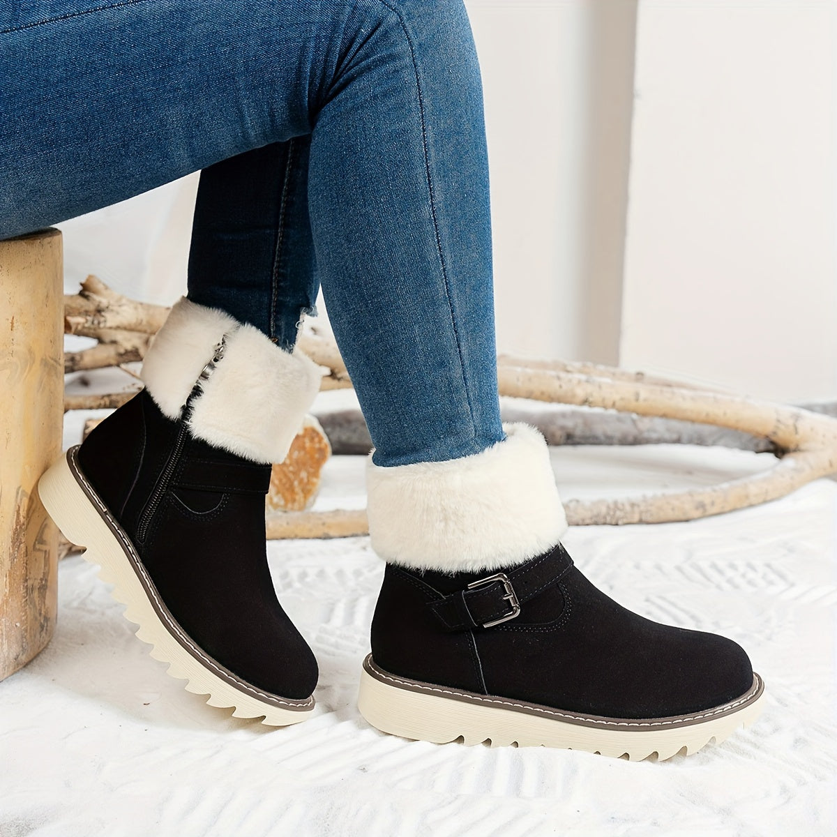 Women's Winter Snow Boots with Plush Faux Fur Collar & Buckle Closure - Round Toe TPR Sole Slip- Warm Ankle Boots, Soft Fabric Upper & Lining, Black/White/Beige/Coffee Brown - Casual & Formal Winter Footwear for Snow & Ice -