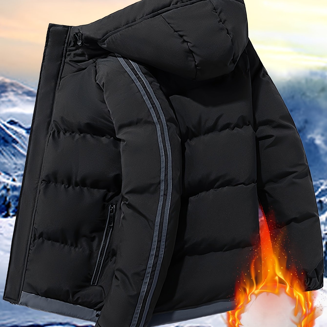 Men'S Heavyweight Winter Hooded Jacket - Thermal Insulated Cold Weather Coat with Zipper Closure, Long Sleeve Outerwear for Hiking, Skiing, Thick, Hiking Gear, Sleek Design, Durable Construction, Outdoor Enthusiasts