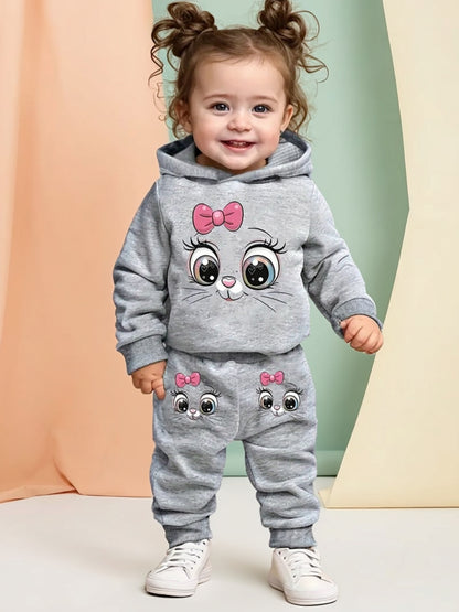 Infant Toddler Fleece Hoodie & Pants Set Cartoon Cat Casual