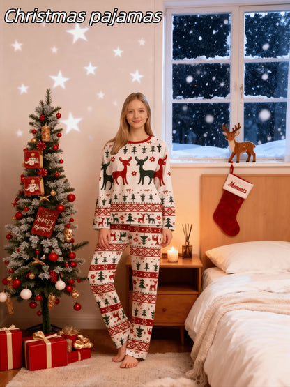 [MEN/WOMEN] Couple Style Christmas Pajamas Loungewear, New Year Gift Christmas Reindeer Print Top with Striped Pants, Long Sleeve Long Pants Pajama Set for Men or Women, Holiday Loungewear Set