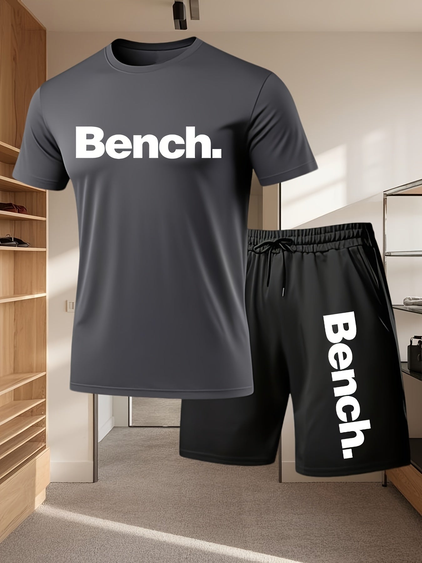 Summer Men'S Casual Sports Short Sleeve T-Shirt and Shorts Set, Comfortable Breathable, Suitable for Outdoor Jogging Running Fitness, Bench. Letter Print Design - 2pcs