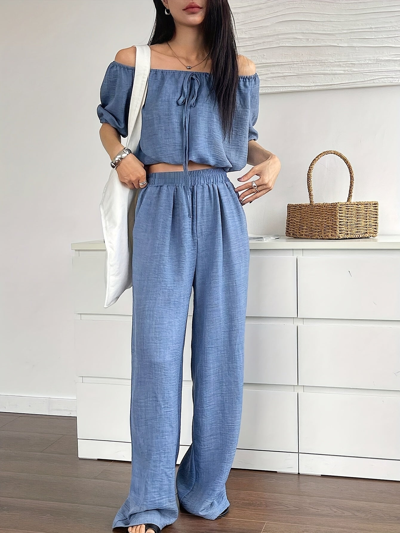 Women's Summer Solid Color Off-Shoulder Puff Sleeve Crop Top and Loose Wide-Leg Pants Two-Piece Set