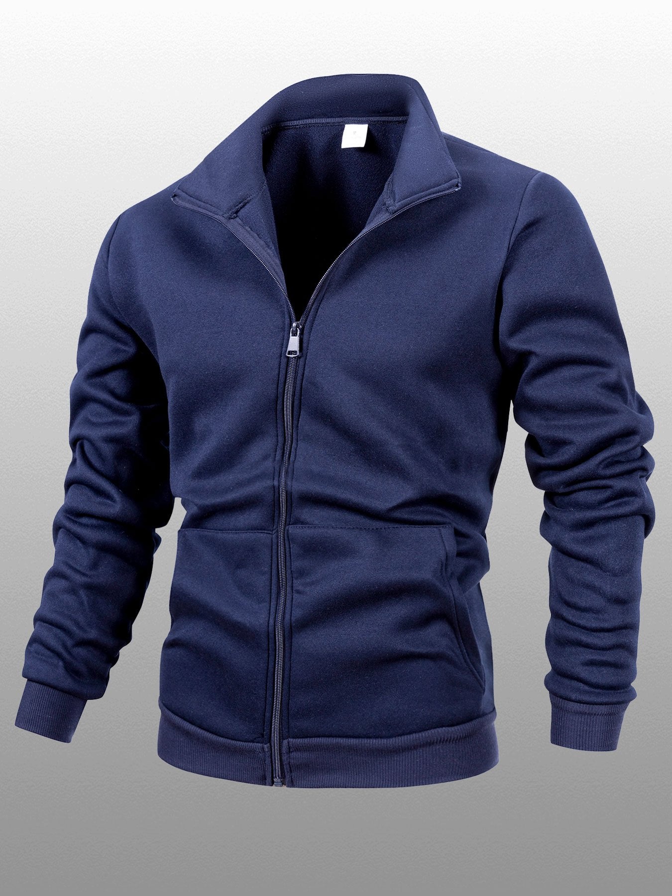 Men's Stand Collar Zip-Up Solid Color Fleece Jacket Long Sleeve Casual Sport Hoodless Coat with Large Side Pockets, Suitable for Daily Wear, Outdoor Activities, Hiking