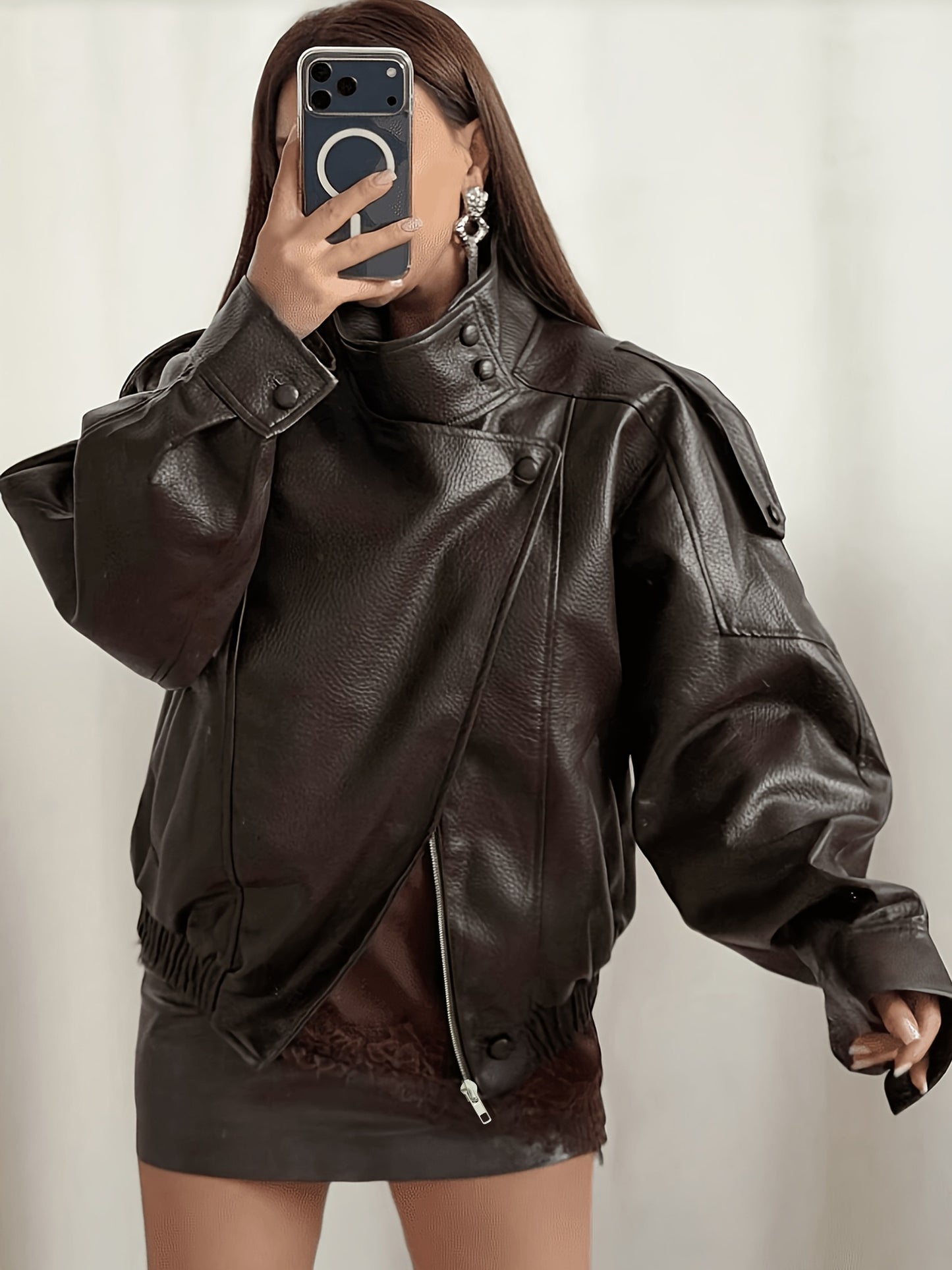 Women's PU Leather Biker Jacket with Stand Collar - Fall/Winter