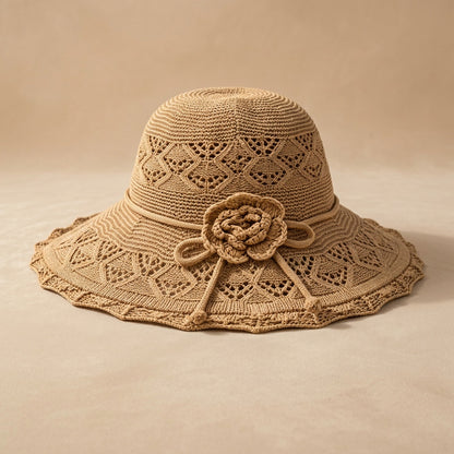 Women's Floral Crochet Trim Bamboo Straw Bucket Hat for Summer