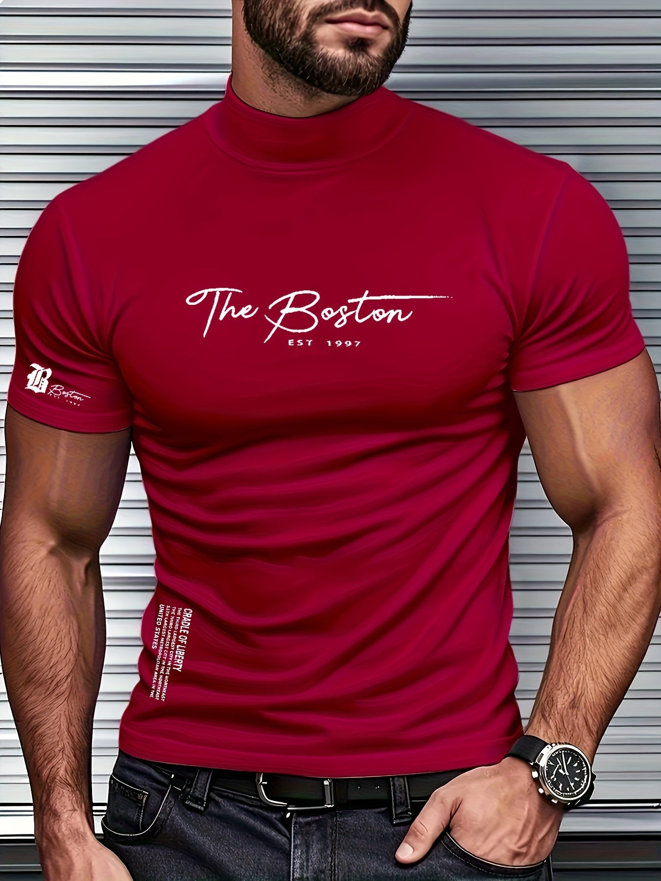 Men's Slim Fit Breathable Moisture-Wicking Short Sleeve T-Shirt - Lightweight All-Season Small Stand-Up Collar Tee with Boston Letter Print for Gym, Outdoor  Casual Wear, Active Lifestyle, Modern Design, Durable Construction