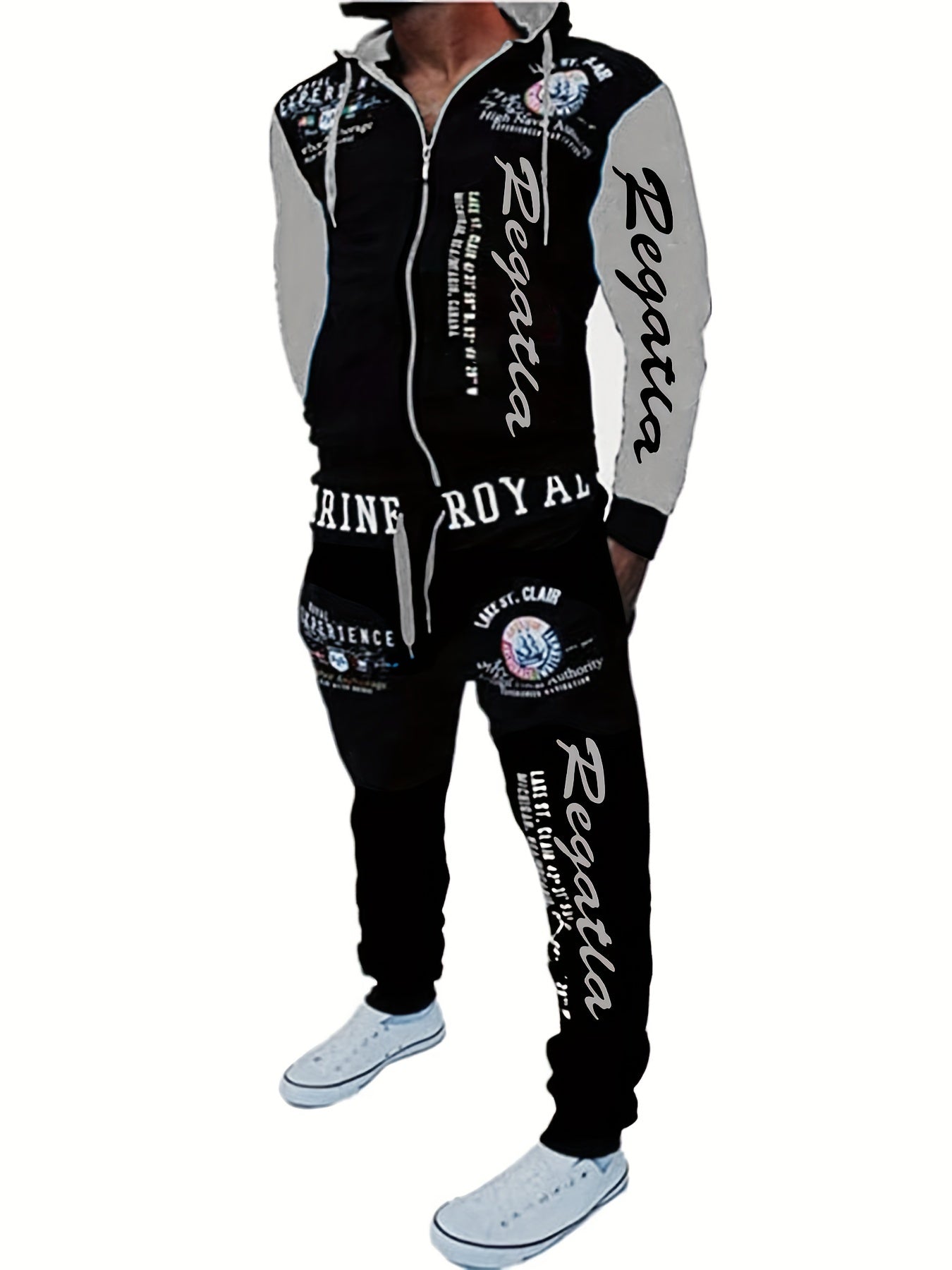 Men's Hooded Letter Print Tracksuit, 2pcs Casual Sports Set, Fashion Hoodie With Full-zip And Elastic-waist Pants, Regular Fit, Outdoor Cloth