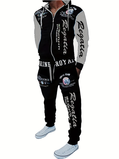 Men's Hooded Letter Print Tracksuit, 2pcs Casual Sports Set, Fashion Hoodie With Full-zip And Elastic-waist Pants, Regular Fit, Outdoor Cloth
