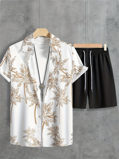 Coconut Tree Print, Men's 2Pcs Outfits, Casual Camp Collar Lapel Button Up Short Sleeve Shirts Hawaii Shirt And Drawstring Shorts Set For Summer, Men's Clothing