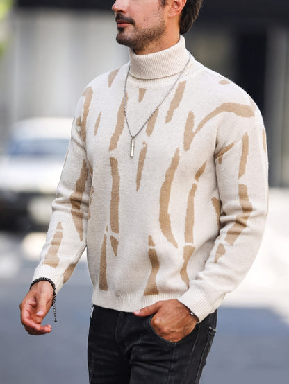 Men's Zebra Stripe Knit Sweater - High Neck Winter Pullover with Zebra Stripes, Warm Casual Sweaters for Weather, Hand Washable Fall/Winter Wardrobe Essential (Regular Fit) - ayq
