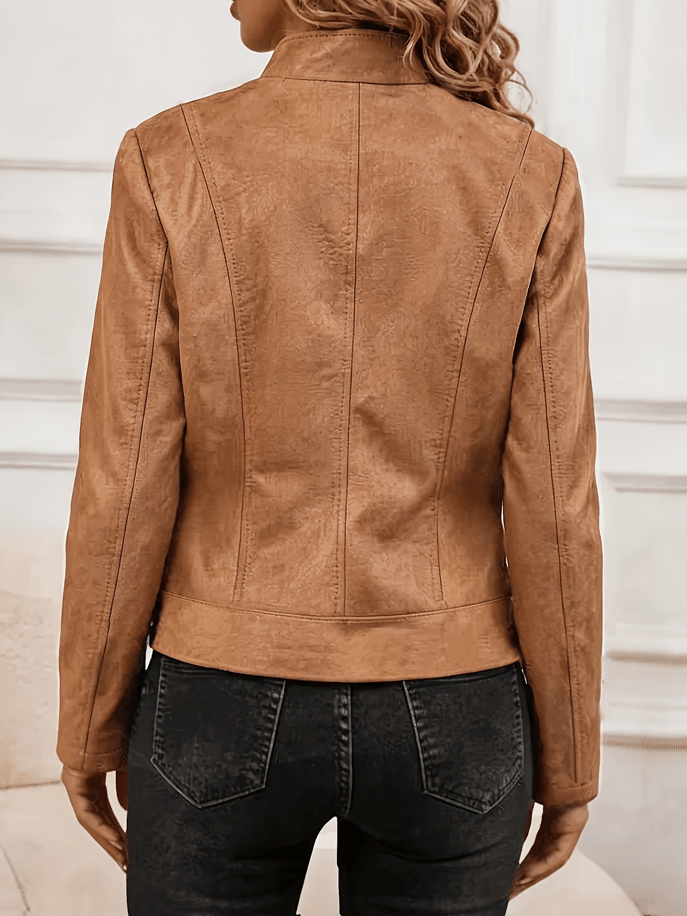 Plus Size Elegant Biker Jacket with Metallic Zipper for Spring/Fall