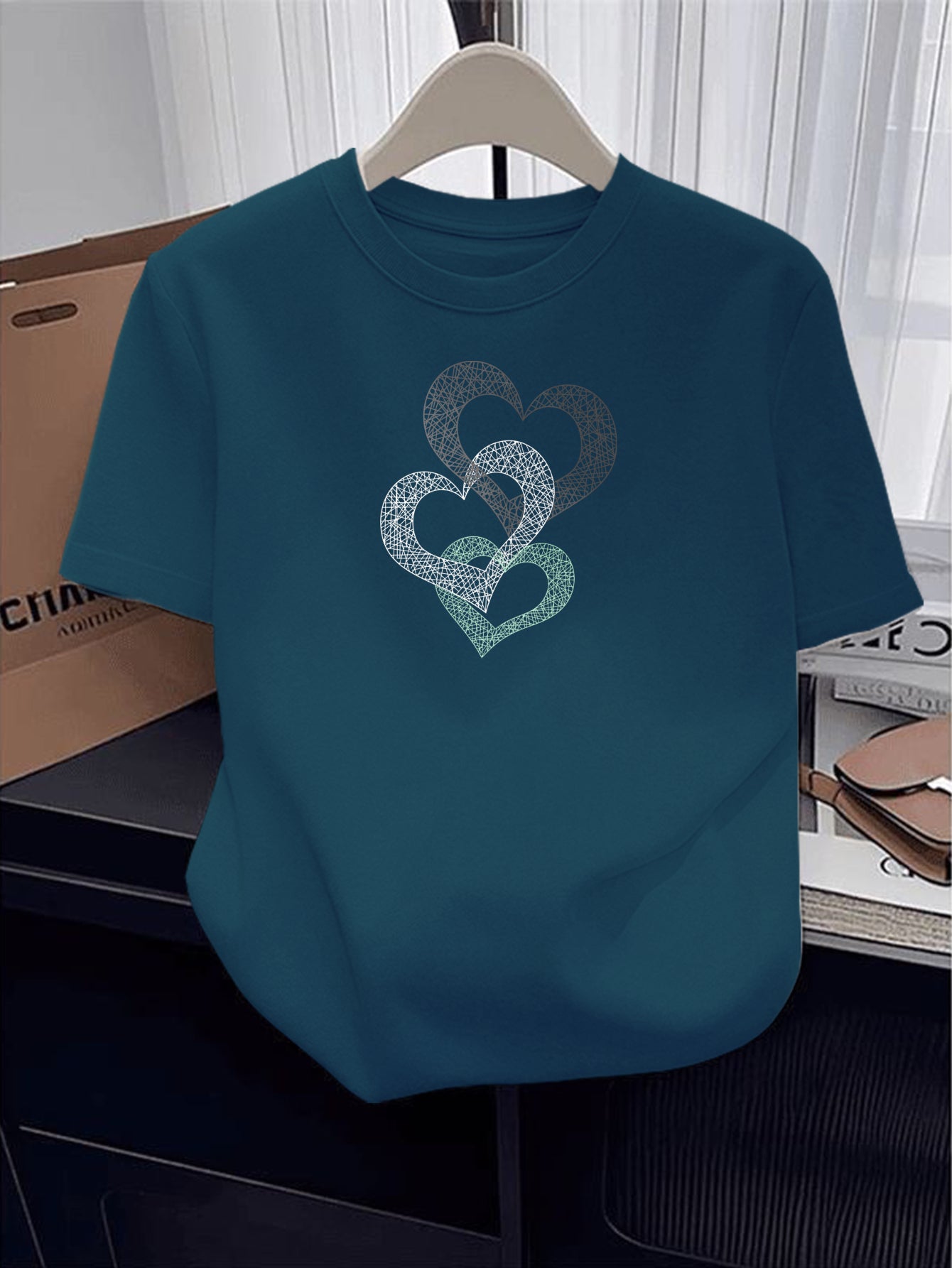 Women’s Cotton Crew Neck T-Shirt with Heart Applique, Casual Fit