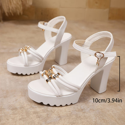 Women's Chunky Platform High Heel Sandals - Elegant Open-Toe Summer Shoes with Ankle Strap, Synthetic Cover Upper  PU Sole, White Versatile Dressy Casual Footwear, Chunky Heel Sandals, Formal Casual Wear, Crisscross Ankle St