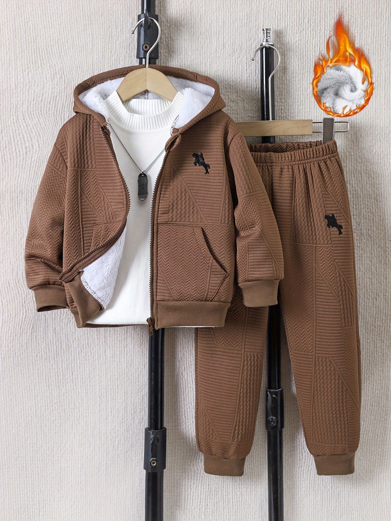 2pcs Boys' Casual Outfit Set, Long Sleeve Hooded Jacket with Embroidery and Zipper, Geometric Pattern Knit Pants, Polyester with Spandex Lining, Regular Fit for Autumn/Winter, for Outdoor