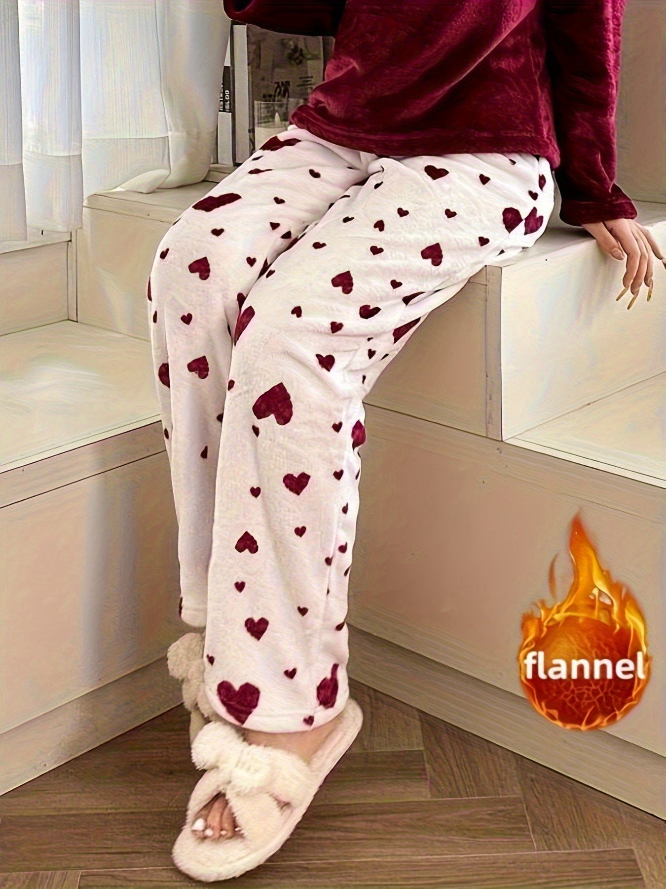 Women's Soft Flannel Pajama Pants with Heart Pattern & Elastic Waist - Cozy Winter Sleepwear, Machine Washable Lounge Pants for all-Season Comfortable Nightgowns for s