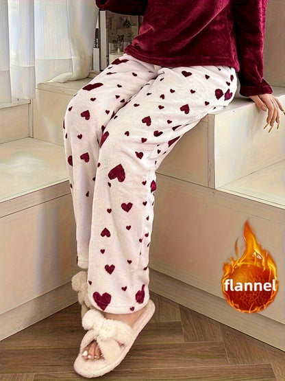 Women's Soft Flannel Pajama Pants with Heart Pattern & Elastic Waist - Cozy Winter Sleepwear, Machine Washable Lounge Pants for all-Season Comfortable Nightgowns for s