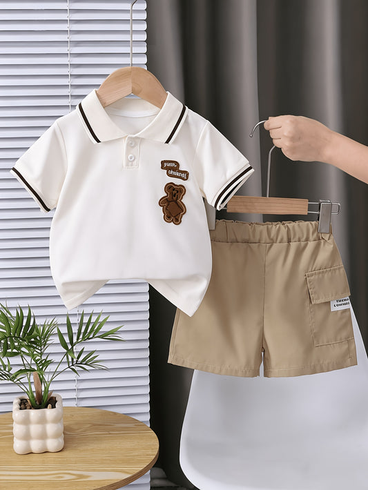 Boys' Summer Cartoon Bear Polo Shirt & Shorts Set