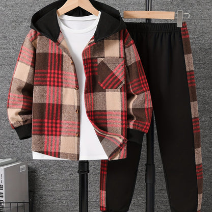 Boys' Fleece Plaid Hooded Long Pants Set, Perfect for Outdoor