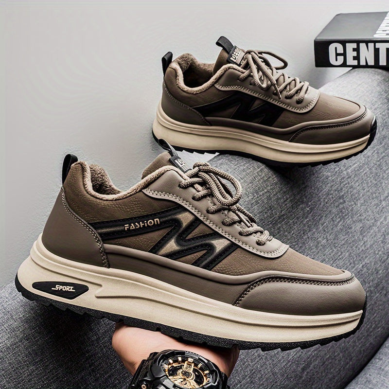 Men's Winter Thermal Low-Top Sneakers with Warm - All-Black Round Toe Lace-Up Shoes Suitable for, Outdoor, Daily Wear - Rubber Sole & Upper