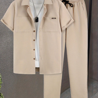 Summer Men'S Casual Bread Pattern Texture Short Sleeve Long Pants Shirt Set, 100% Polyester, Double Pocket Shirt, Turnover Woven Top Can Be Machine Washed and Dry Cleaned