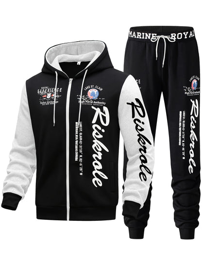Men's Hooded Letter Print Tracksuit, 2pcs Casual Sports Set, Fashion Hoodie With Full-zip And Elastic-waist Pants, Regular Fit, Outdoor Cloth