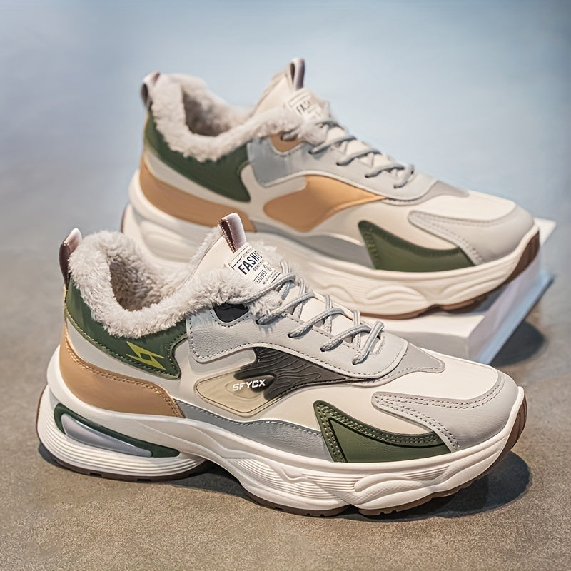 Men's Winter Sneakers with Plush Collar - Beige/Grey/Green PU Upper, Thick Rubber Sole & Traction Tread - Low-Top Lace-Up Warm Shoes for Cold Weather, Casual & Sports (White Accent)
