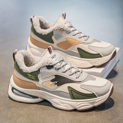 Men's Winter Sneakers with Plush Collar - Beige/Grey/Green PU Upper, Thick Rubber Sole & Traction Tread - Low-Top Lace-Up Warm Shoes for Cold Weather, Casual & Sports (White Accent)