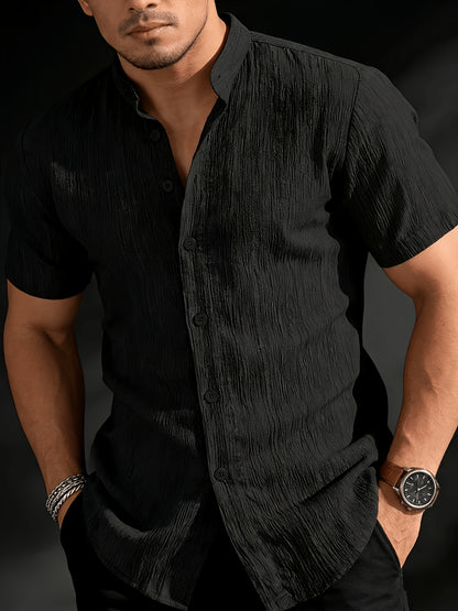 Men's Black Textured Stand Collar Short Sleeve Shirt