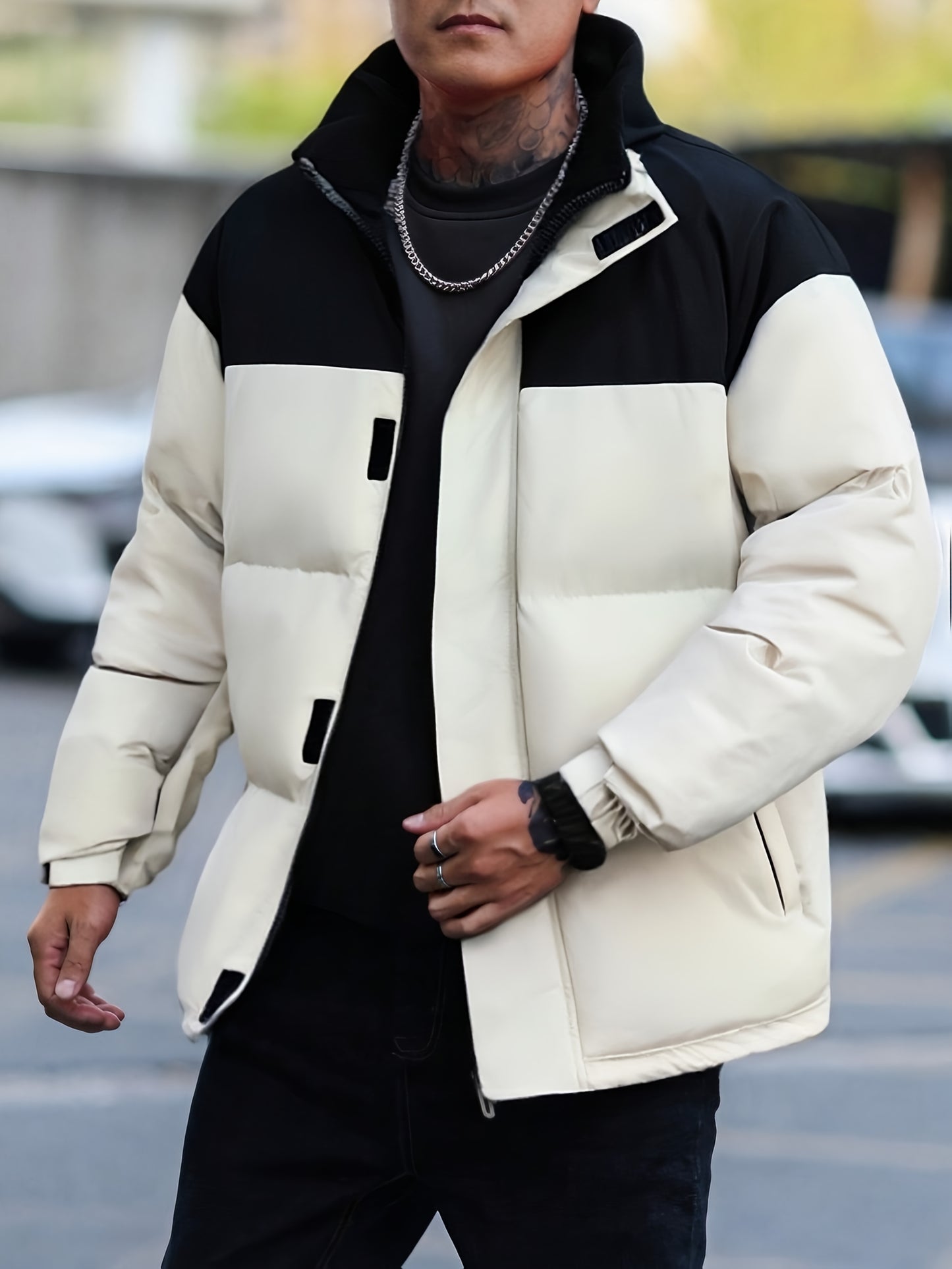 Men's Winter Color-Block Jacket with Stand Collar - Black & Casual Outdoor Warm Coat, Polyester-Filled Zipper Front, Regular Fit for Cold Weather, No Stretch Fabric