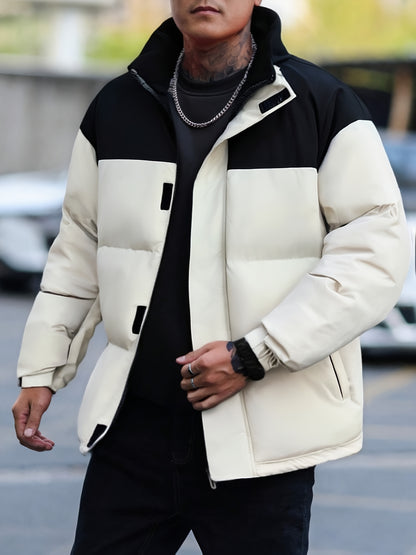 Men's Winter Color-Block Jacket with Stand Collar - Black & Casual Outdoor Warm Coat, Polyester-Filled Zipper Front, Regular Fit for Cold Weather, No Stretch Fabric