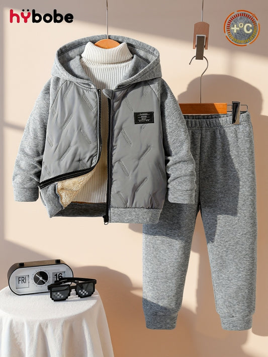 2pcs Boys' Autumn/Winter Black Solid Color Patterned Fashionable Open Front Warm Top & Black Pants Set - Comfortable and Stylish Hoodie Outfit, Perfect Gift for Kids, Perfect for Outdoor